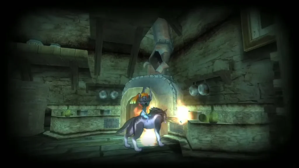 Wolf Link at a stone fireplace in a dim storehouse Wolf Link at a stone fireplace in a dim storehouse
