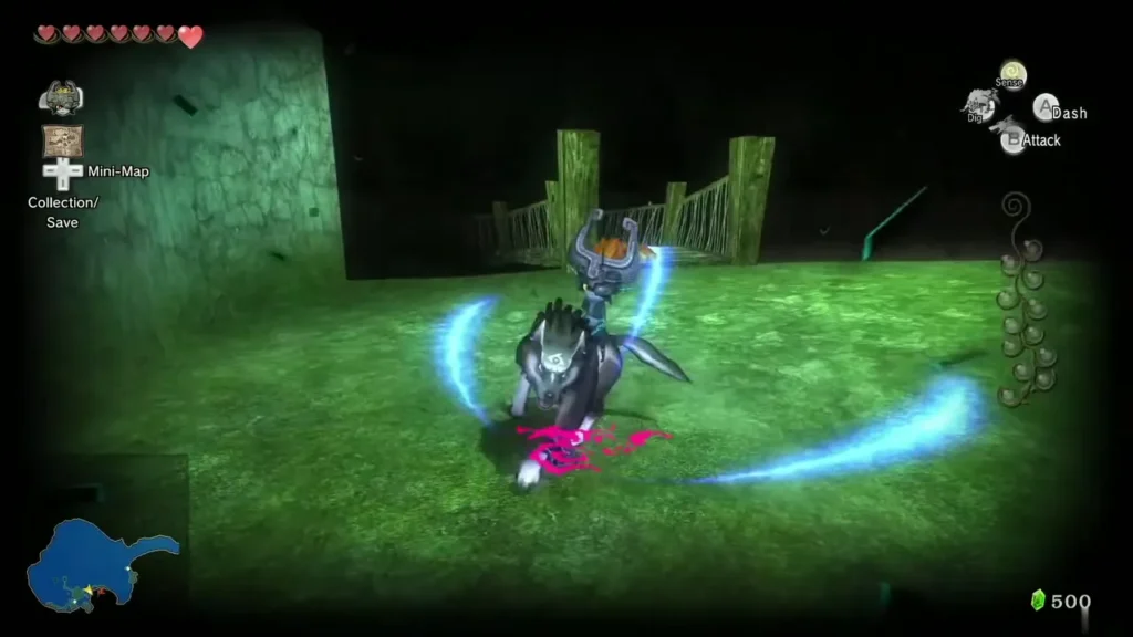 Wolf Link slashing a Shadow Insect in a mossy green clearing Wolf Link slashing a Shadow Insect in a mossy green clearing