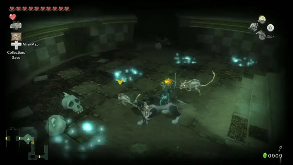 Wolf Link in a dim stone room with glowing Ghoul Rats around him Wolf Link in a dim stone room with glowing Ghoul Rats around him