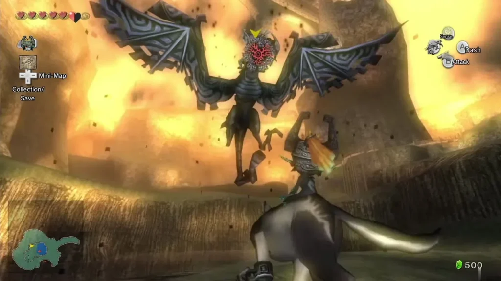 Wolf Link facing a giant Shadow Kargarok above a grassy hillside Wolf Link facing a giant Shadow Kargarok above a grassy hillside