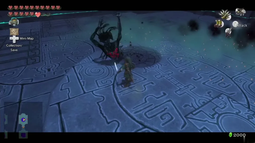Zant hand rising from the floor tiles behind Link in the Palace of Twilight Zant hand rising from the floor tiles behind Link in the Palace of Twilight