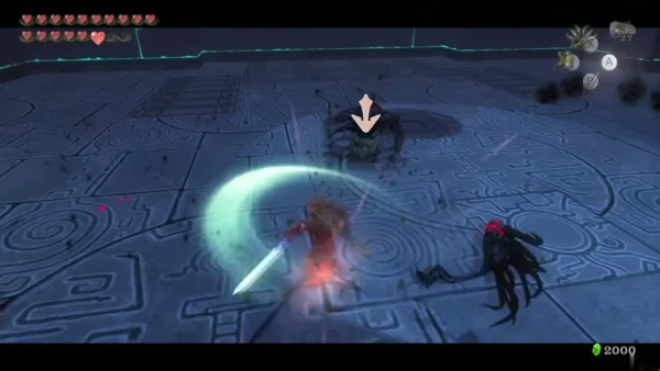 Link slashing a dark clawed hand on a glowing Palace of Twilight floor Link slashing a dark clawed hand on a glowing Palace of Twilight floor