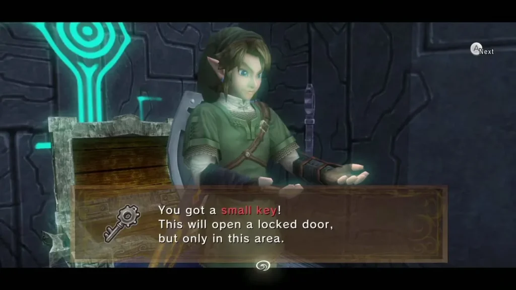 Link holding up a small key from a chest after clearing a Palace of Twilight room Link holding up a small key from a chest after clearing a Palace of Twilight room