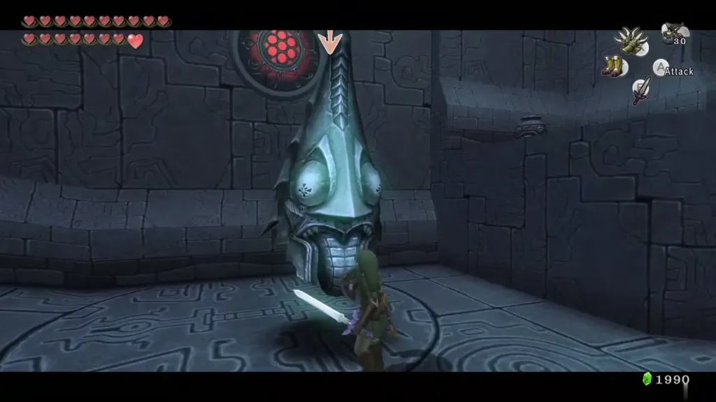Link fighting a giant Zant mask statue in a Palace of Twilight chamber Link fighting a giant Zant mask statue in a Palace of Twilight chamber