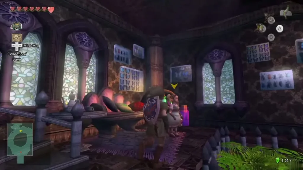 Link standing in Agitha's Castle with Agitha and her bug collection room