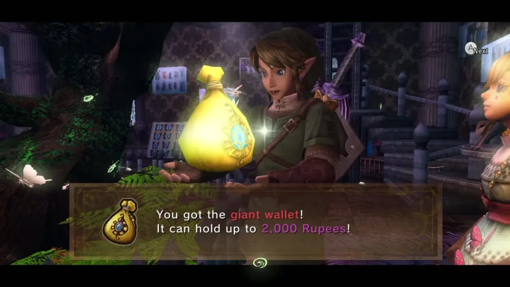 Link holding up the Giant Wallet with the reward message box Link holding up the Giant Wallet with the reward message box