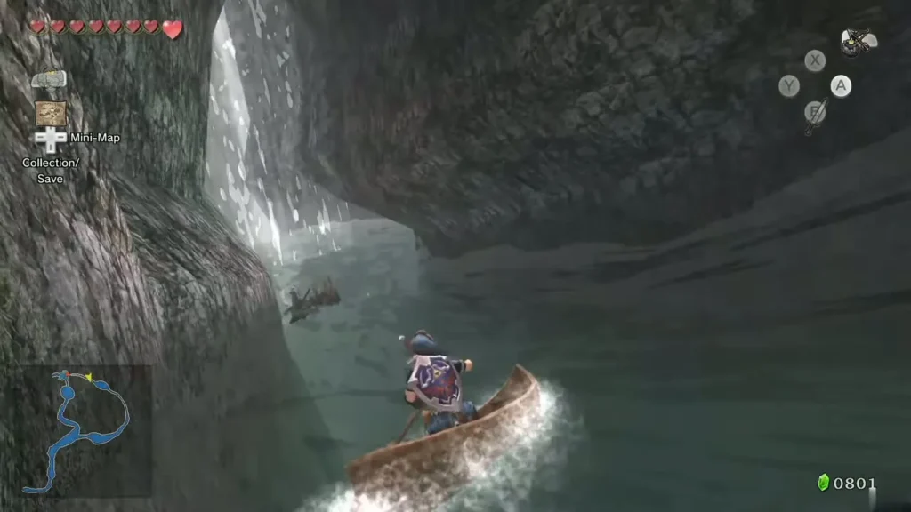 Link rowing Iza boat down the river rapids below a waterfall Link rowing Iza boat down the river rapids below a waterfall