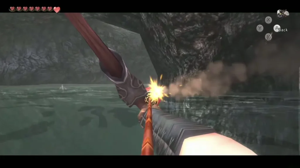 Link firing a Bomb Arrow at a rock on the river with smoke rising from the blast Link firing a Bomb Arrow at a rock on the river with smoke rising from the blast