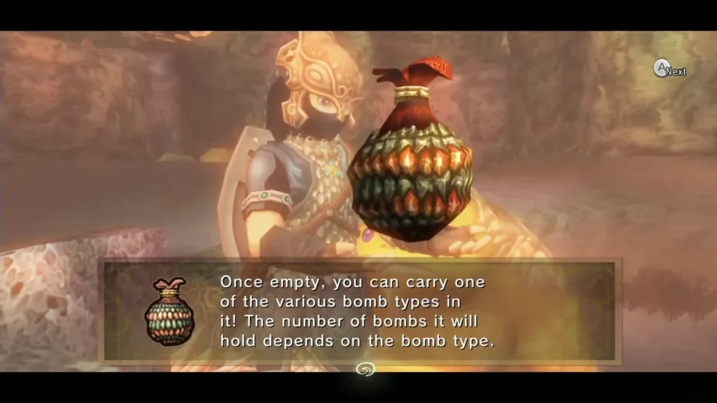 Link holding up a bomb bag with the message that it holds one bomb type at a time Link holding up a bomb bag with the message that it holds one bomb type at a time
