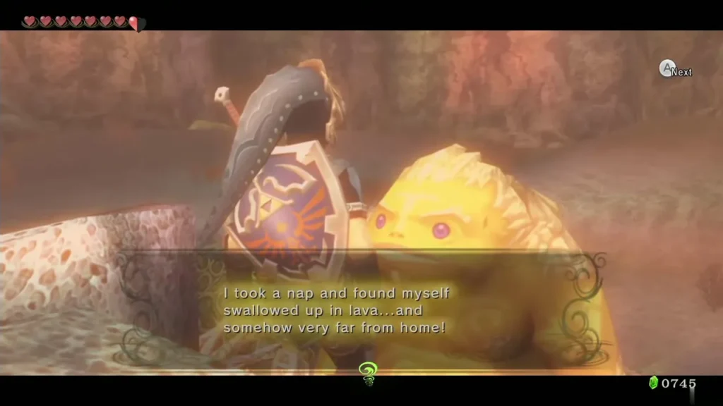 The freed Goron beside Link explaining he was swallowed up in lava and ended far from home The freed Goron beside Link explaining he was swallowed up in lava and ended far from home