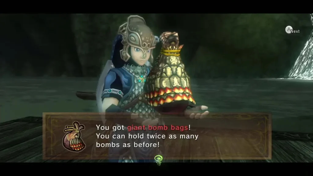 Link holding up the giant bomb bags with the complete message box Link holding up the giant bomb bags with the complete message box