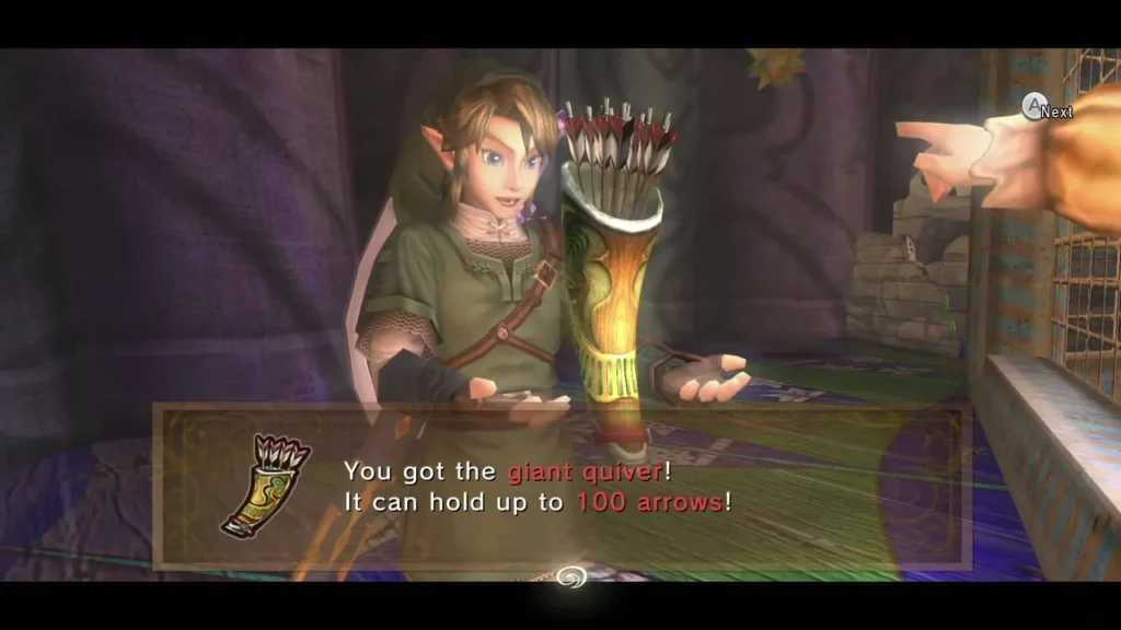 Link holding up the Giant Quiver with its message that it holds 100 arrows Link holding up the Giant Quiver with its message that it holds 100 arrows