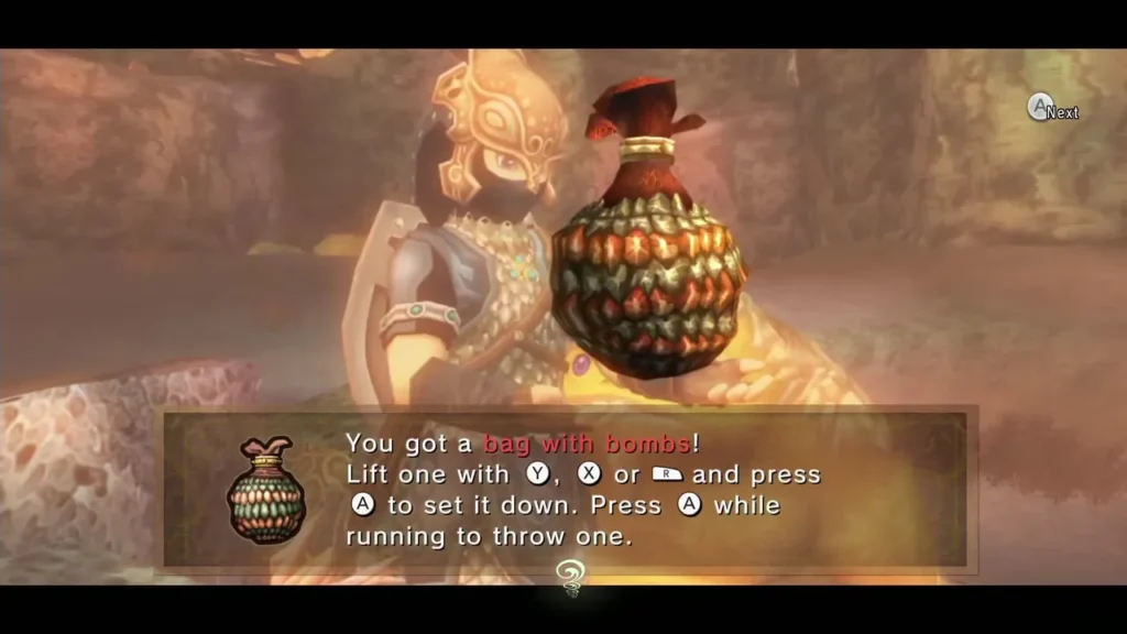 Link holding up the bag with bombs given by the freed Goron with the full message box Link holding up the bag with bombs given by the freed Goron with the full message box