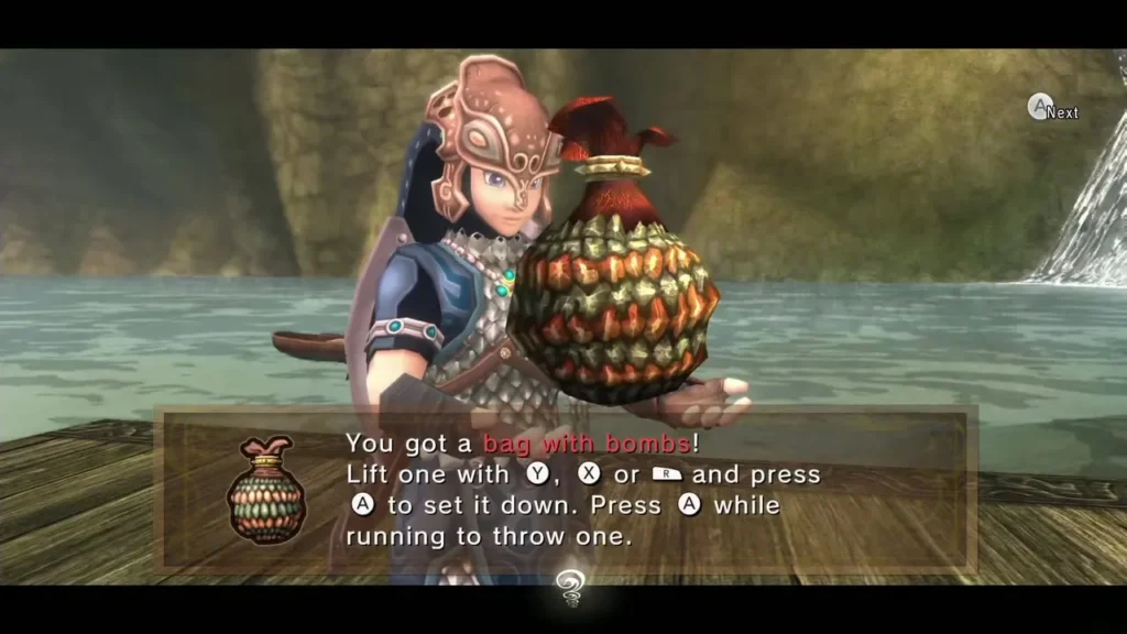 Link holding up the bag with bombs on the riverside dock with the full message box Link holding up the bag with bombs on the riverside dock with the full message box