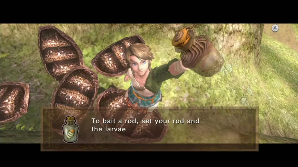 Link holding up a bottle of larvae beside a beehive with the baiting tutorial message Link holding up a bottle of larvae beside a beehive with the baiting tutorial message