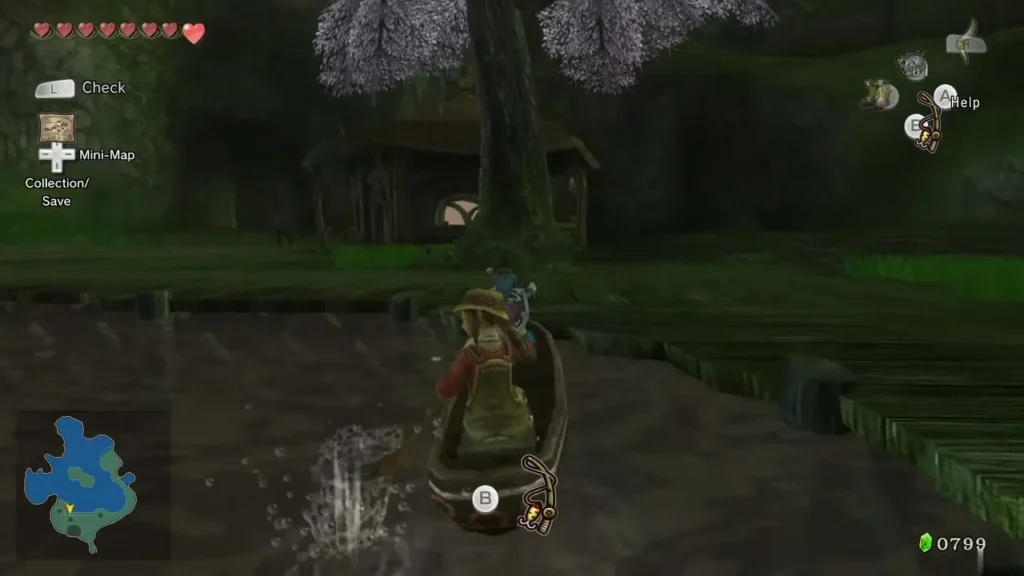 Link rowing past a cherry-blossom tree toward the hut on the Fishing Hole shore Link rowing past a cherry-blossom tree toward the hut on the Fishing Hole shore