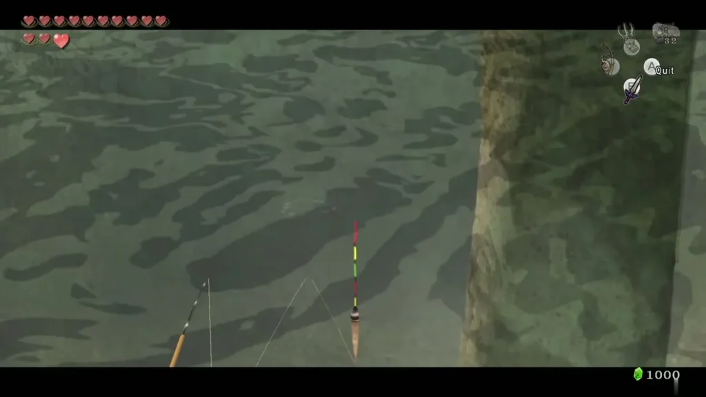 Fishing bobber floating in the Zora waterfall pool beside the rod Fishing bobber floating in the Zora waterfall pool beside the rod