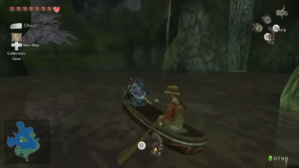 Hena steering the canoe with Link at the bow beside a waterfall in the cove Hena steering the canoe with Link at the bow beside a waterfall in the cove