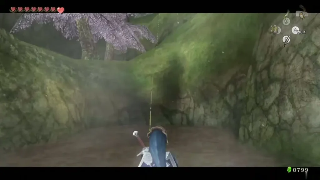 Link casting the fishing line in a mossy pond with cherry blossoms overhead Link casting the fishing line in a mossy pond with cherry blossoms overhead