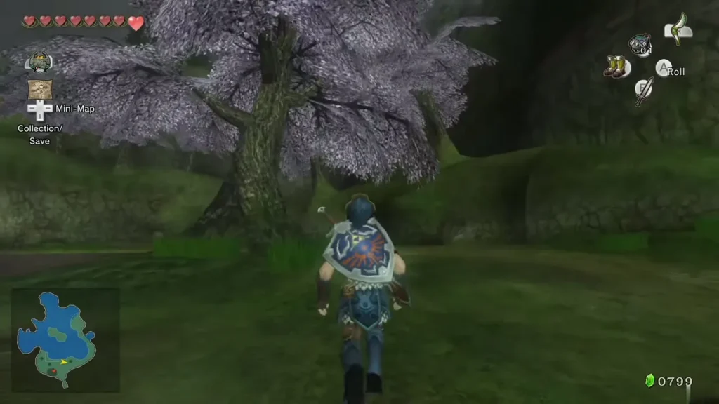 Link walking beneath a cherry-blossom tree on the grassy Fishing Hole shore Link walking beneath a cherry-blossom tree on the grassy Fishing Hole shore