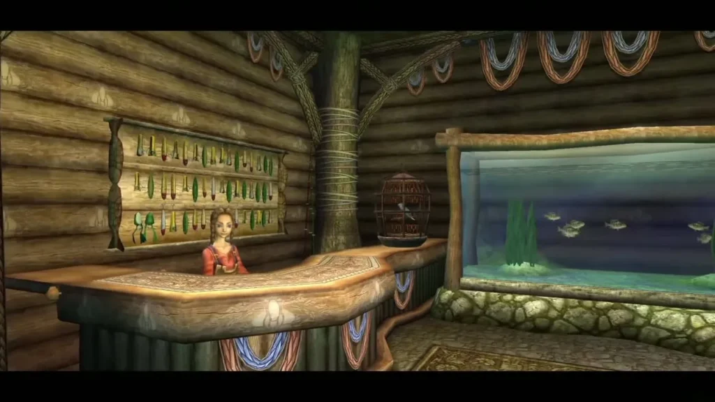 Hena's Fishing Hole shop with lures on the wall and the fish tank Hena's Fishing Hole shop with lures on the wall and the fish tank