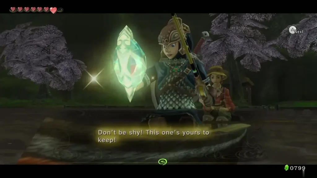 Link holding up the Piece of Heart he reeled in from the arch ledge, with Hena beside him Link holding up the Piece of Heart he reeled in from the arch ledge, with Hena beside him