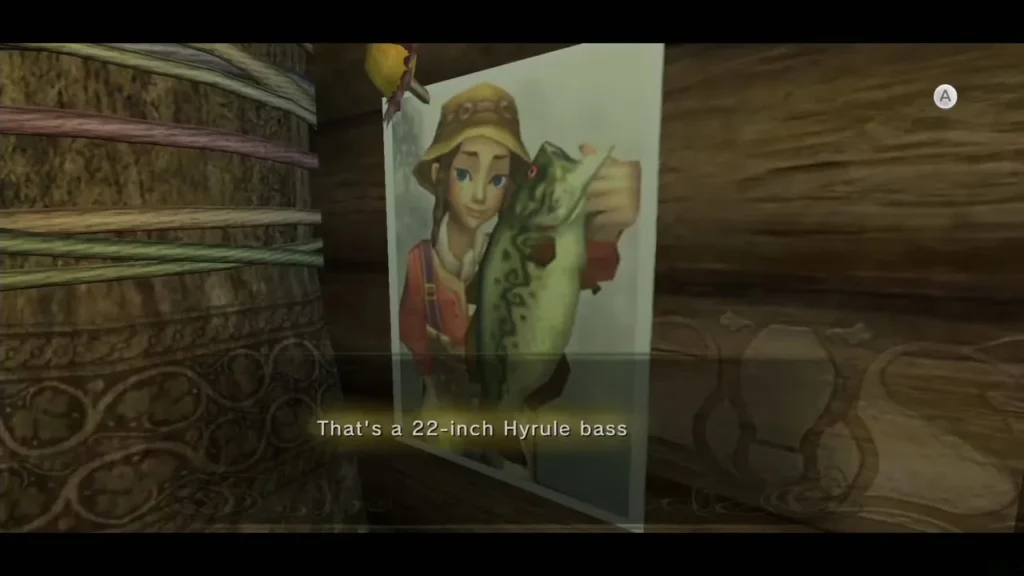 Hena naming the 22-inch Hyrule bass in the photo on her hut wall Hena naming the 22-inch Hyrule bass in the photo on her hut wall