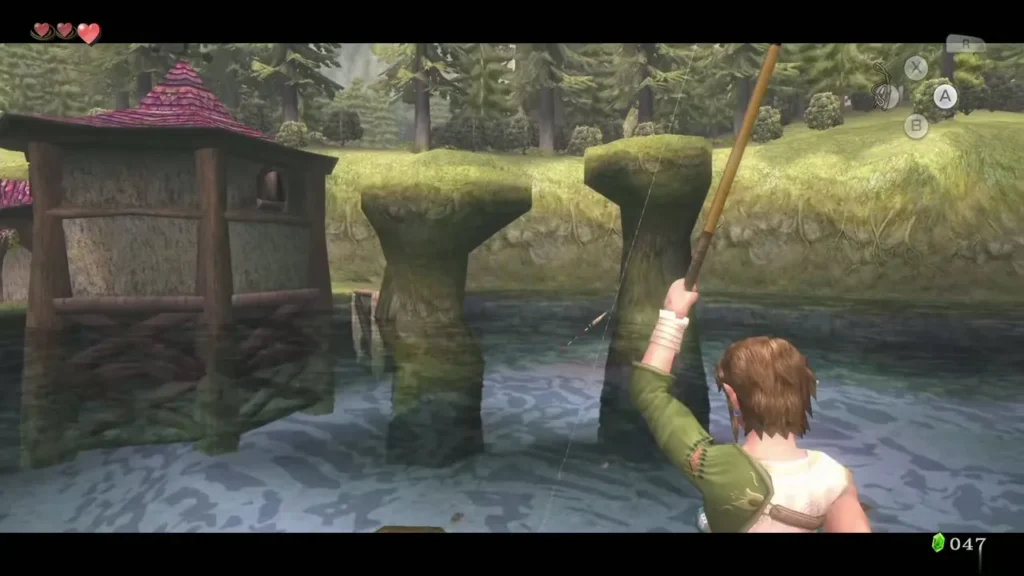Link holding the rod high while reeling in a fish at the Ordon dock Link holding the rod high while reeling in a fish at the Ordon dock
