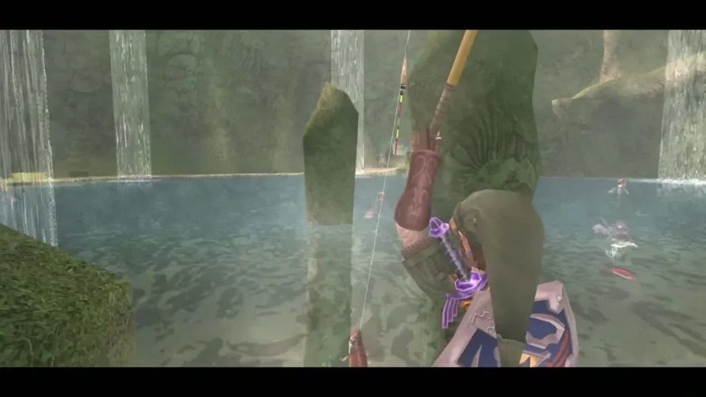 Link reeling in a fish in the Zora waterfall pool Link reeling in a fish in the Zora waterfall pool