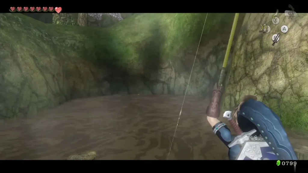 Link reeling in the line in the pond corner before the bottle is caught Link reeling in the line in the pond corner before the bottle is caught