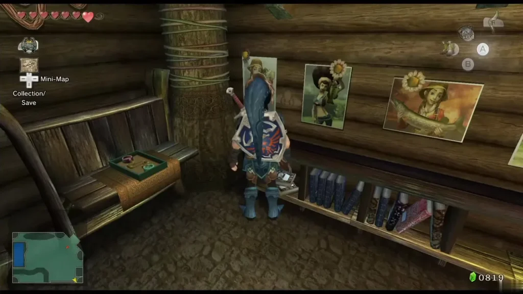 Link standing by the bench with the game board in Hena's hut Link standing by the bench with the game board in Hena's hut