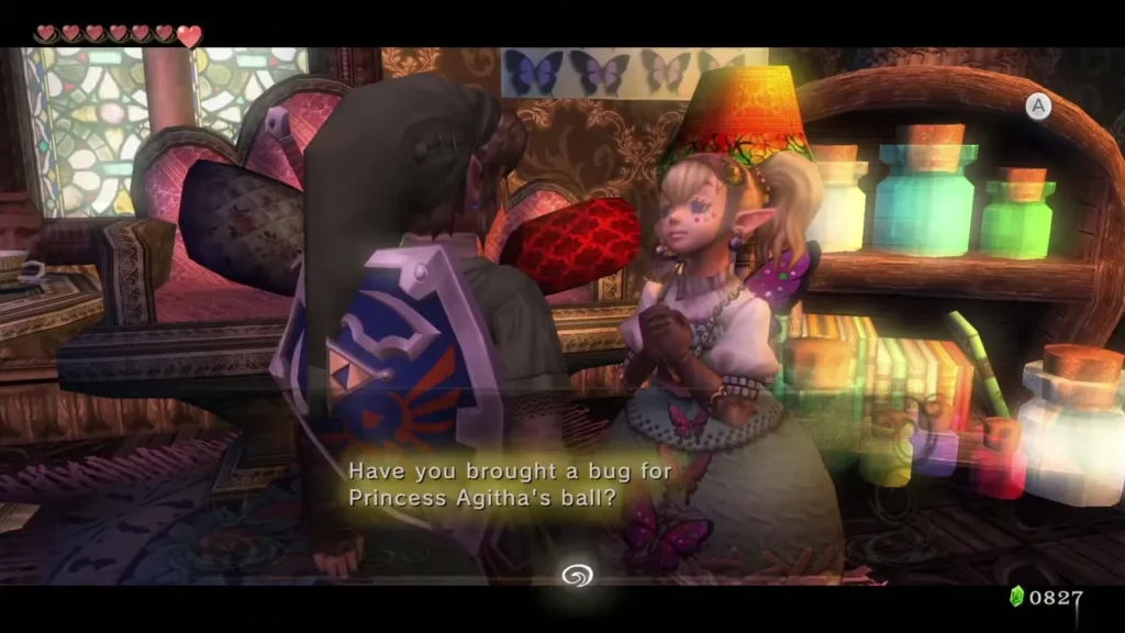 Agitha asking Link whether he has brought a bug for her ball