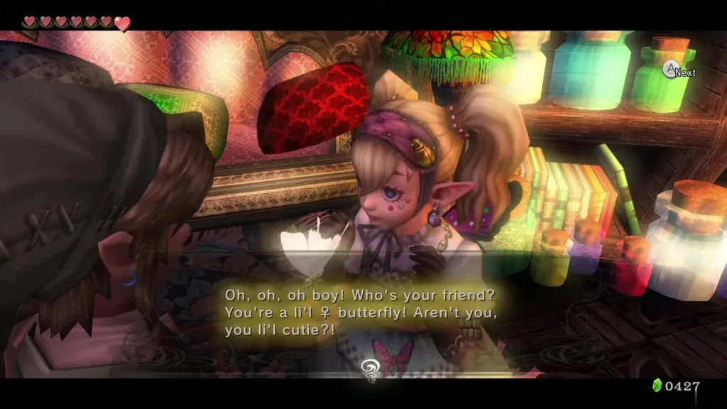 Agitha greeting the golden female butterfly Link has brought her
