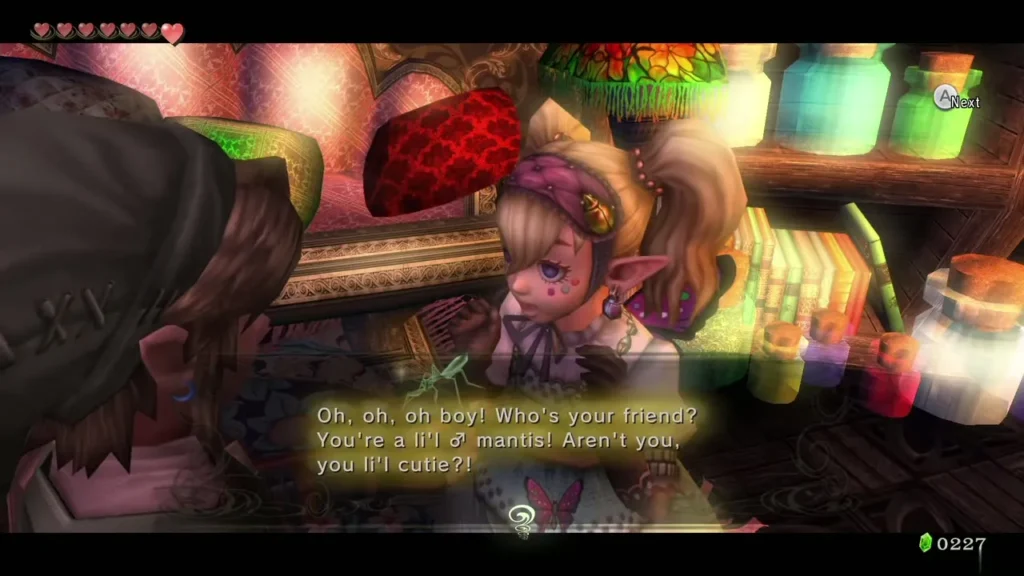 Agitha greeting the golden male mantis from the Great Bridge of Hylia