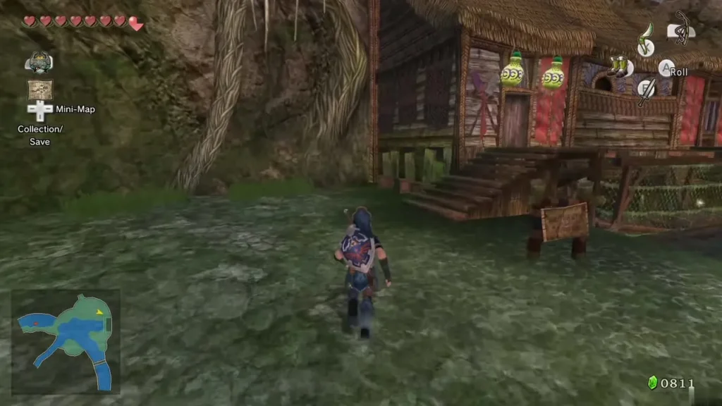 Link walking up to the Zora's River boat rental cabin beside the lantern-hung porch