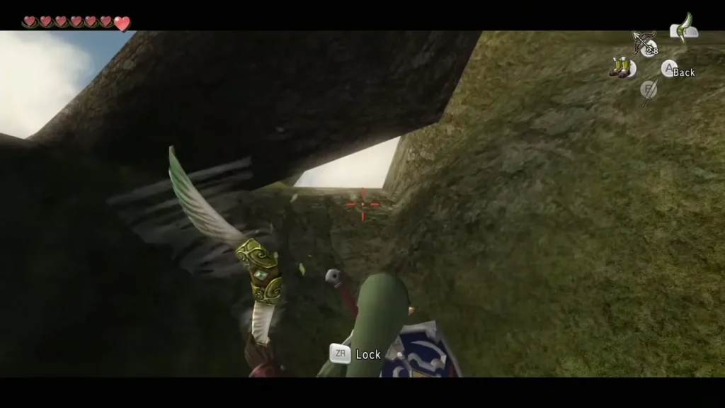 Link aiming the Gale Boomerang up at the tree trunk where the female mantis sits