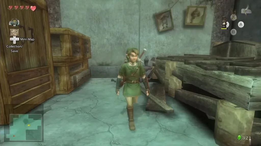 Link walking through the abandoned house interior in Kakariko Village