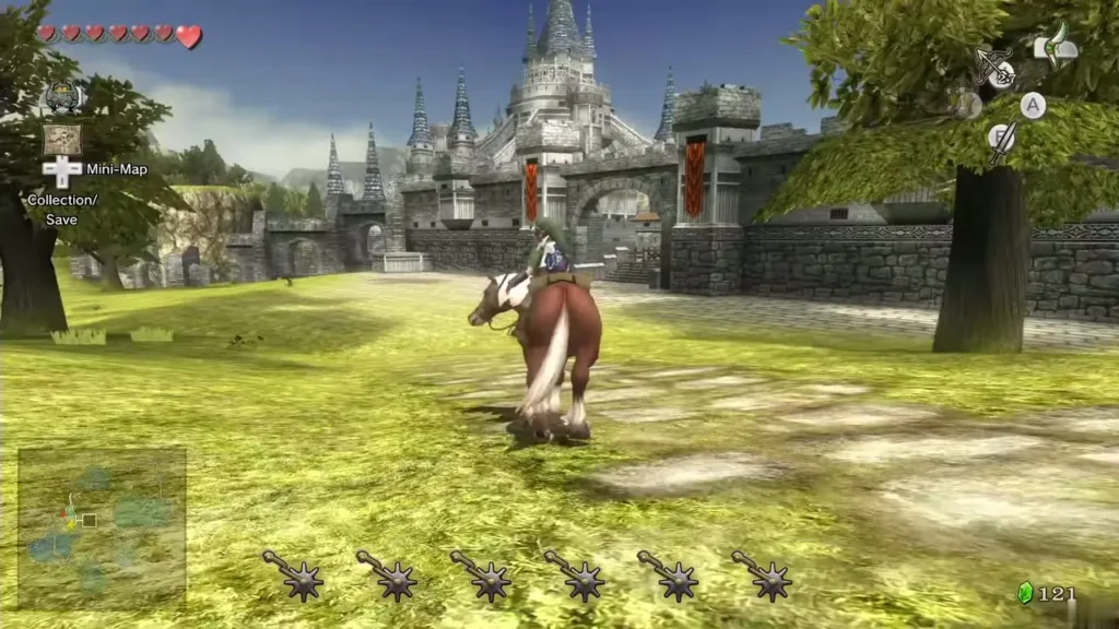 Link riding Epona toward the Castle Town gate across the grassland