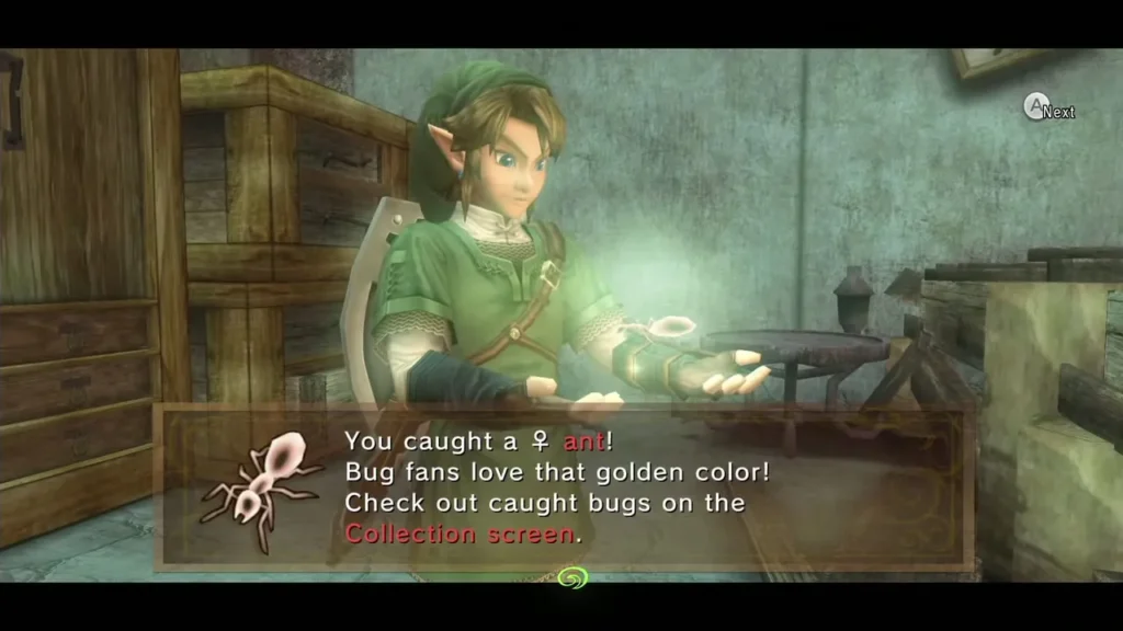 Link holding the golden Female Ant with the caught message box shown