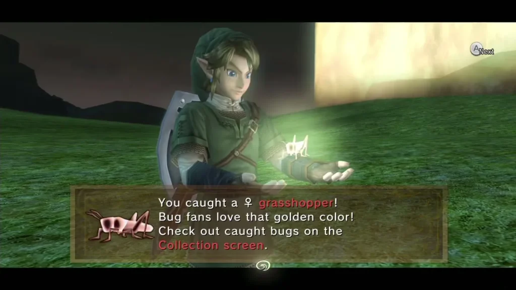 Link holding the golden female grasshopper with the caught message box shown