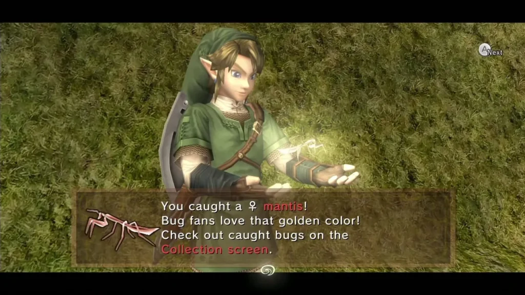 Link holding the golden Female Mantis with the caught message box shown