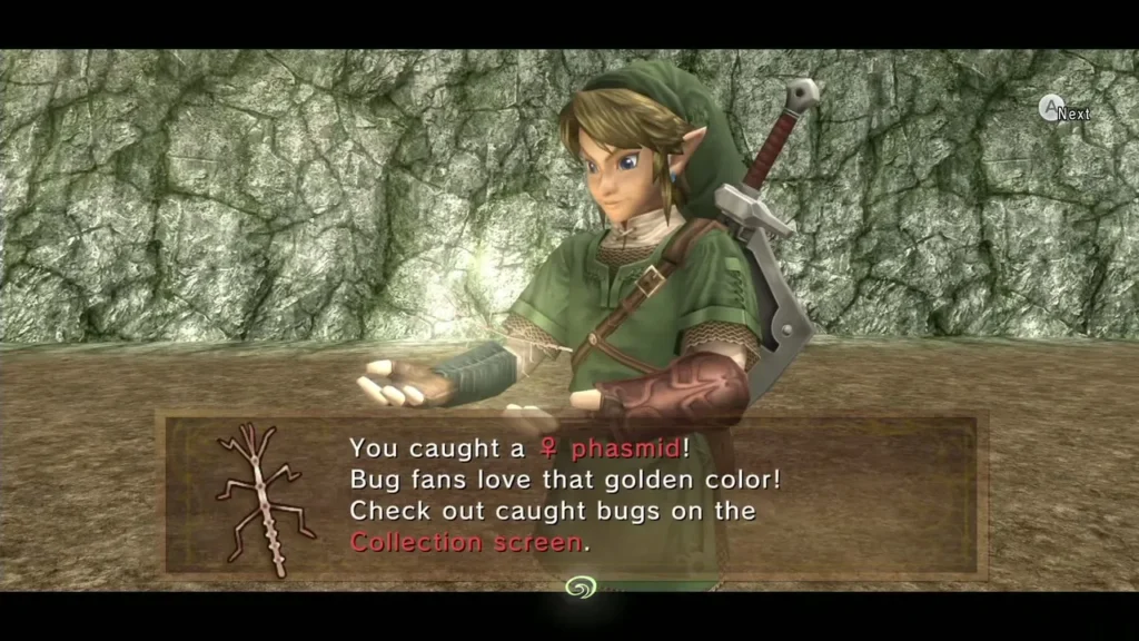 Link holding the golden Female Phasmid with the caught message box shown