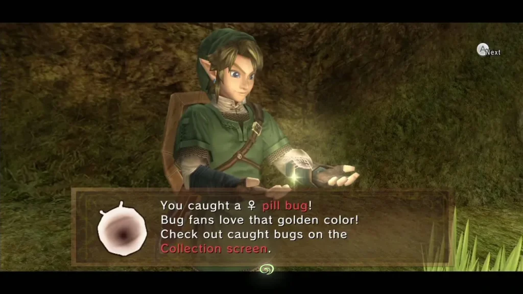 Link holding the golden Female Pill Bug with the caught message box shown