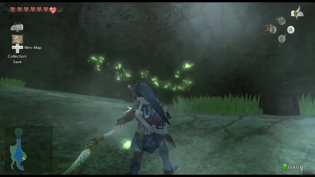 Link in a misty grassy patch as glowing green insects swarm above him