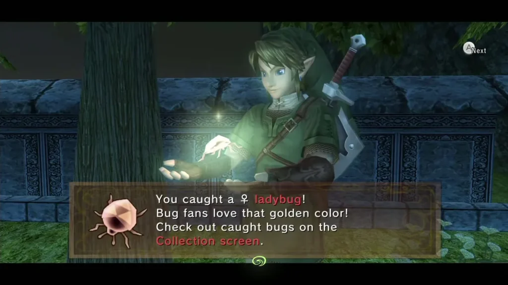 Link holding up a caught golden female ladybug under its catch message box by a Castle Town planter