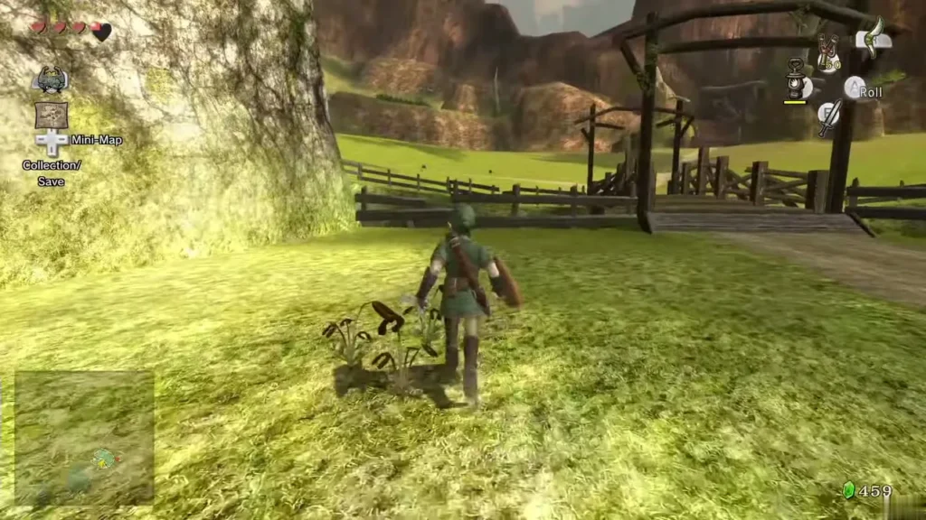 Link on the grass south of the bridge in Kakariko Gorge with a pill bug at his feet