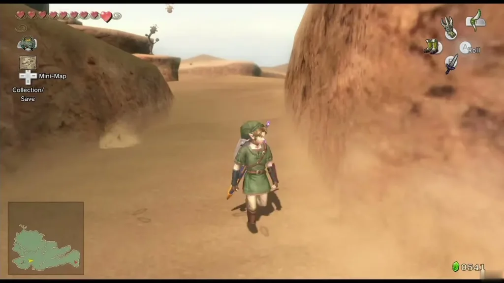Link walking along a sand trench between rock walls in the Gerudo Desert