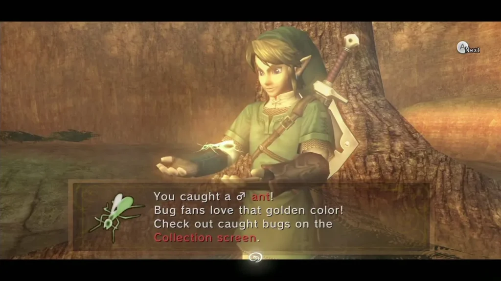Link holding the golden Male Ant with the caught message box shown