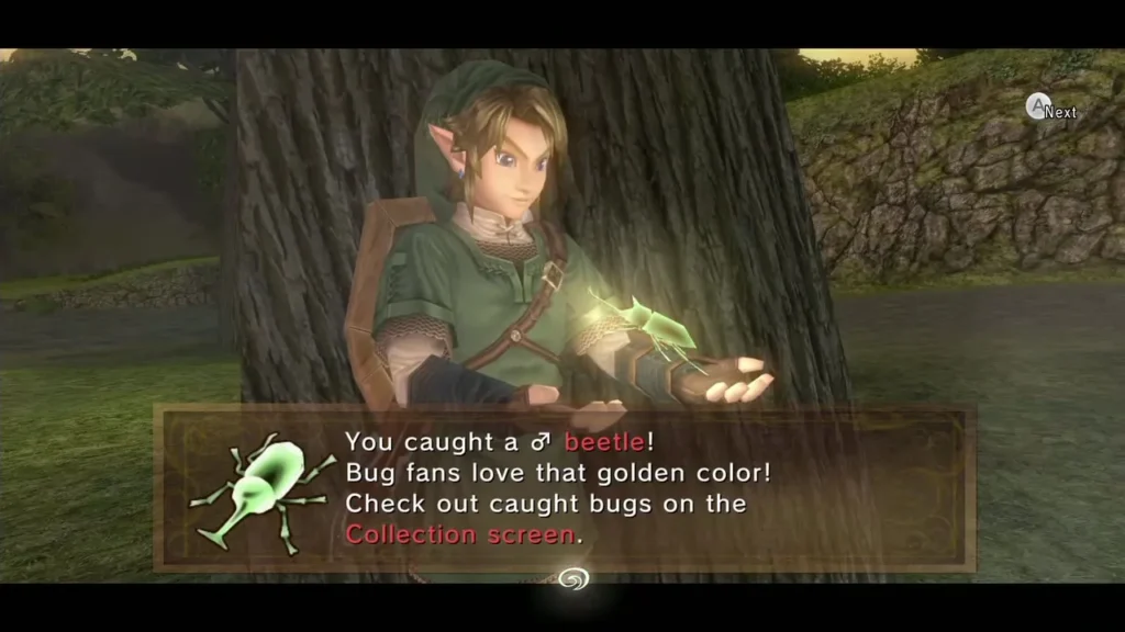 Link holding the golden Male Beetle with the caught message box shown