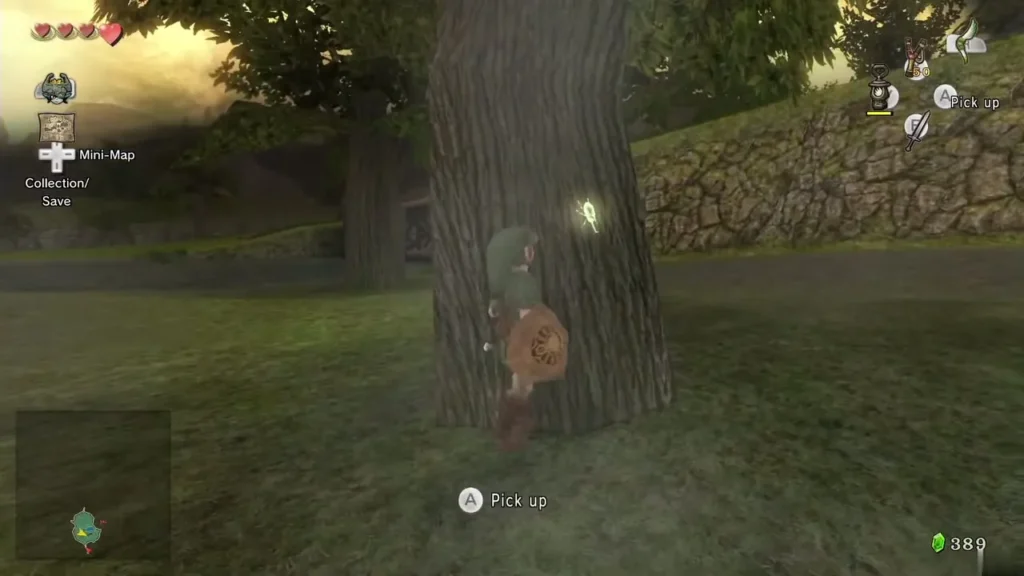 Link at the lone tree in Hyrule Field, a glowing golden beetle on the trunk